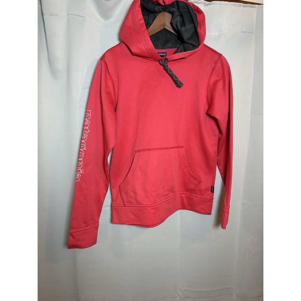 Patagonia Mens Medium Pink‎ Fitz Roy Logo Hoodie Pullover Sweatshirt Fleece
